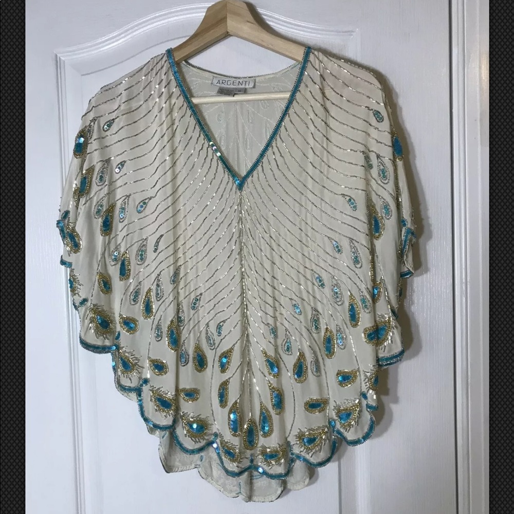 Vintage Argenti Silk Beaded White Blue Shrug M
